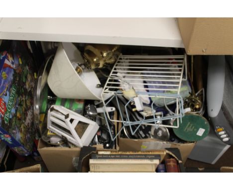 TWO TRAYS OF HOUSEHOLD SUNDRIES WITH A SMALL SELECTION OF ELECTRICALS TO INCLUDE LAMP, HEATER, ETC.