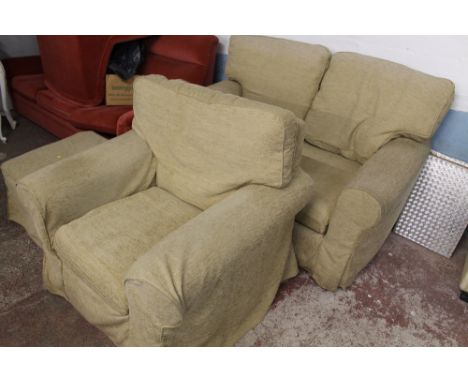 A MODERN TWO SEATER SOFA TOGETHER WITH MATCHED ARMCHAIR AND STOOL