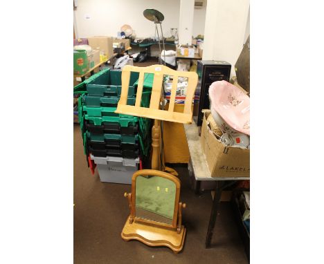 A PINE MUSIC STAND TOGETHER WITH A DRESSING TABLE MIRROR AND A STANDARD LAMP