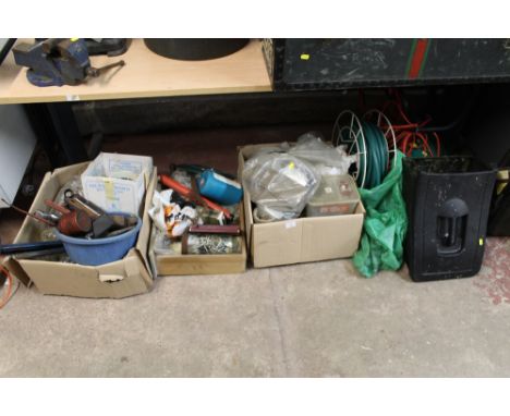 A QUANTITY OF ASSORTED TOOLS AND HOUSEHOLD ITEMS TO INCLUDE NUTS, BOLTS, ELECTRIC LAWN MOWER ETC.