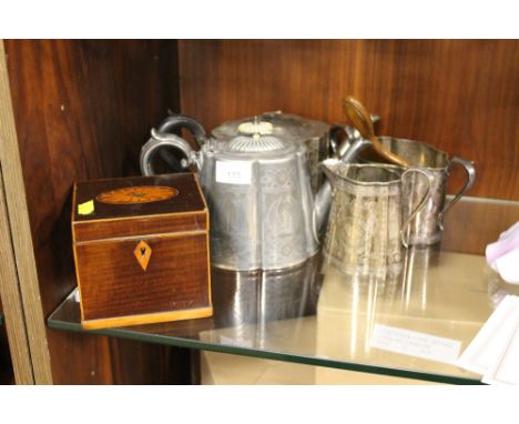 AN INLAID TEA CADDY TOGETHER WITH A QUANTITY OF SILVER PLATE AND PEWTER WARE