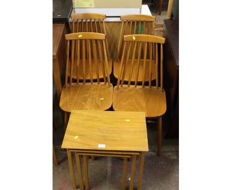 A SET OF FOUR ERCOL STYLE CHAIRS TOGETHER WITH A RETRO NEST OF TABLES