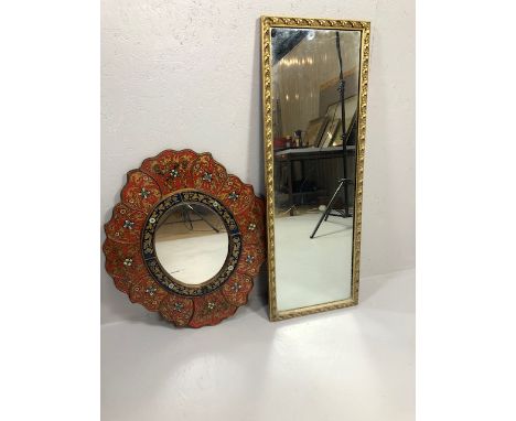 Vintage wall Mirrors, one in a hand painted glass south American frame A.F the other in  a gilt plaster frame,A.F