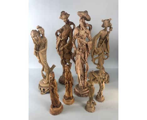 Vintage oriental statues, a collection of 60/70s  imitation ivory resin oriental figures ranging in size from approximately 2