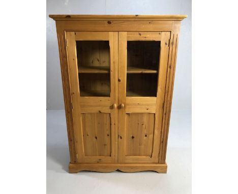 Pine furniture, modern hall cupboard with 3 shelves and 2 half glazed panel doors, approximately 97 x 44 x 137cm