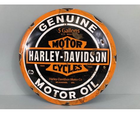 Enamel sign, Harley Davidson Motor Oil', circular, approximately 30cm in diameter