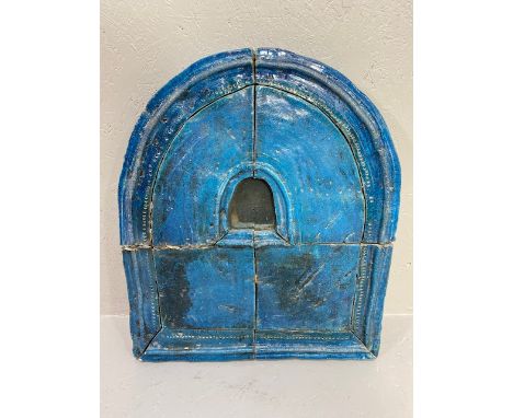 Decorators interest,  Vintage ceramic blue glazed sectional Indian style devotional alcove set with a small mirror approximat