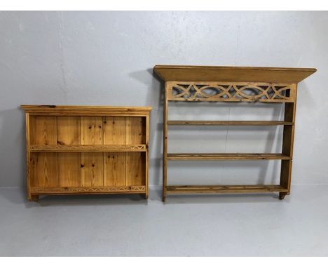 Pine furniture, 2 sets of vintage pine wall shelves. the larger of 3 shelves with pal-met top and panel of open fret work, ap