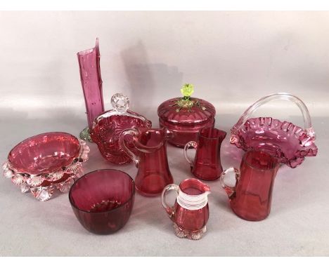 Antique Glass, collection of Victorian and Edwardian Cranbury glassware to include basket Bon Bon dishes,Jugs, tree vase etc 