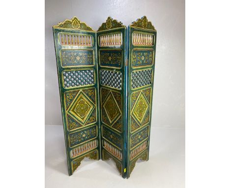 Moorish Moroccan 3 fold screen or room divider, each panel with hand painted designs and set with sections of open lattice wo