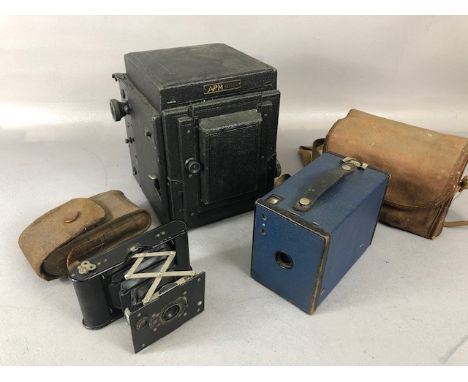 Vintage camera, APM box Field Camera, 1913 Canadian Kodak pocket camera and case and a Brownie box camera in blue, with case