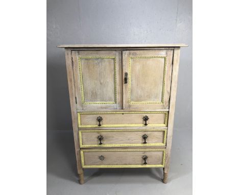 Vintage furniture, 1930s cupboard and drawers with painted and washed lime finish, run of 3 drawers with drop handles and a 2