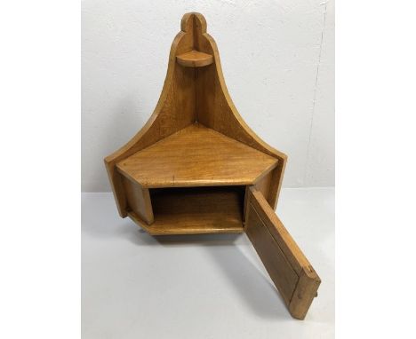 Arts and crafts style blonde Oak corner cupboard and display shelf approximately 69cm high 37cm deep