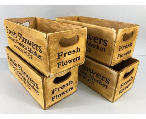 Four vintage-style wooden boxes marked 'Fresh Flowers, Covent Garden Market', each approx 28cm x 13cm x 11cm tall (4)