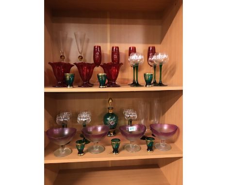 Vintage glass wear, a quantity of vintage glass to include an Italian decanter in green glass and matching glasses, Ruby glas