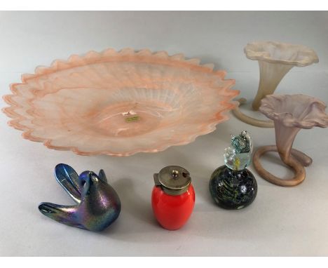 Vintage Glass to include Mdina style chess knight, 2 opaque Lilly vases, volcano mustard pot, an iridescent bird with signatu
