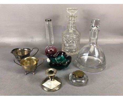 Miscellaneous items: silver rimed glass stem vase, a lidded ink well, EPNS  milk jug, sugar basin and candle stick,  a murano