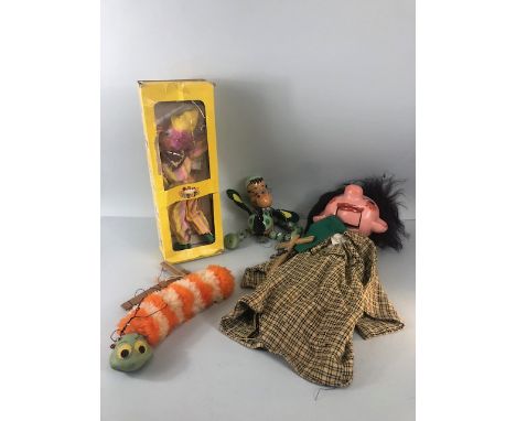 Pelham puppets, 3 vintage pelham puppets to include baby dragon, caterpillar in orange and cream , clever Willie and a pelham