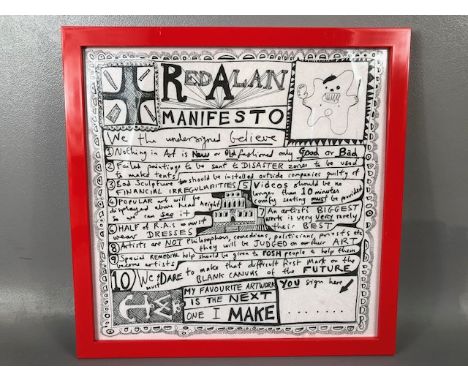 Sir Grayson Perry R.A, "Red Allen Manifesto" Printed on paper serviette with artist logo in modern frame approximately 30 x 3