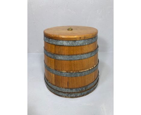 Vintage Oak Quarter in the style of a Navy Rum Tot barrel,being of conical form with galvanised banding and ring pull to lid 