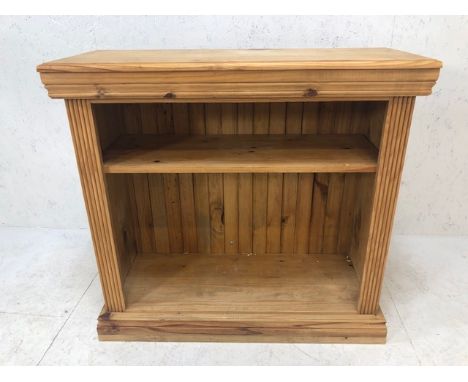 Pine unit with one deep shelf, one shallow, approx 98cm x 40cm x 92cm tall