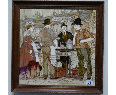 Four tile panel with G. Hughes cockels and mussels sellers in oak frame dimensions 47cm sq