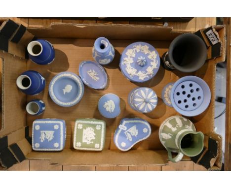 A mixed collection of multi coloured Wedgwood and Adams jasper ware items to include, sage green jug and trinket box, blue fl