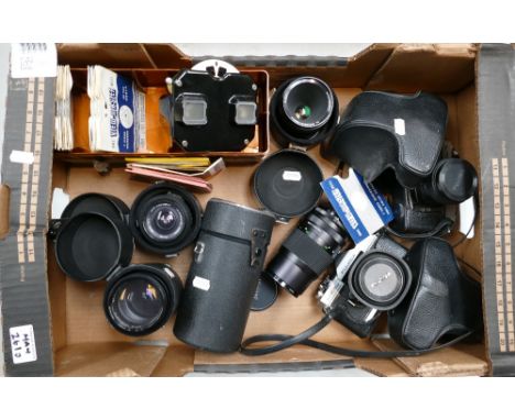 A collection of film camera equipment to include Fujica ST705w camera, Vivitar lens together with toy Viewmater item