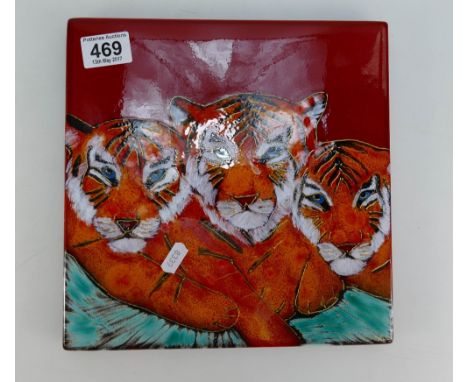Sarah Ewin ceramics hand painted trial tile decorated with tigers (27cm x 27cm)