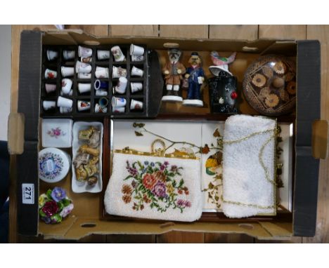 A mixed collection of items to include, vintage beaded clasp purse, wade whimseys, framed ceramic tiles with bird decorations