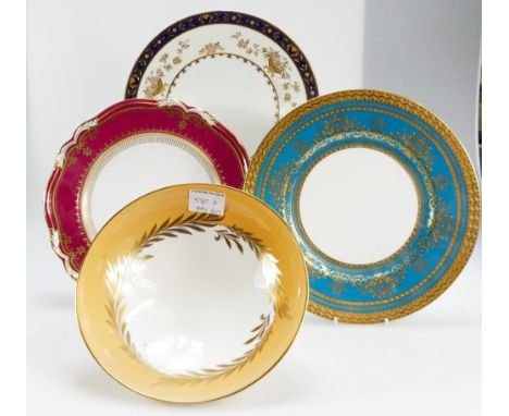 Minton raised gilded plates, Spode gilded plate and footed bowl, plate diameter 27cm  (4)