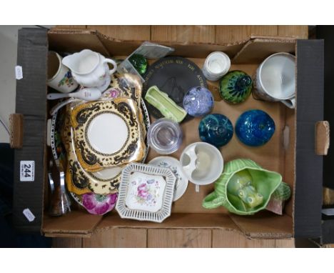 A mixed collection of items to include hand blown Madina, glass vases, commemorative mustache glasses, embossed ceramic items