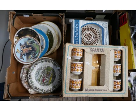 A mixed collection of decorative wall plates of local interest together with similar Royal Chelsea items and boxed Sparta iro
