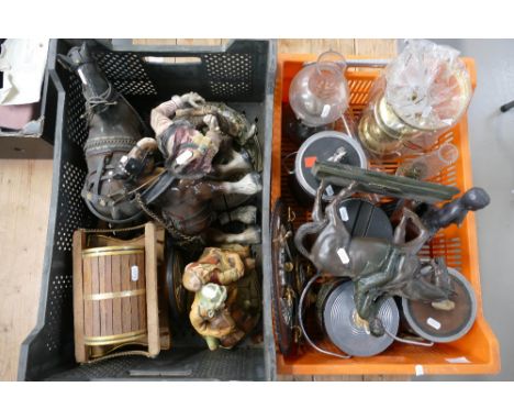 A mixed collection of items to include large ceramic horses and traps together with Capo style tramp figures, metal biscuit b