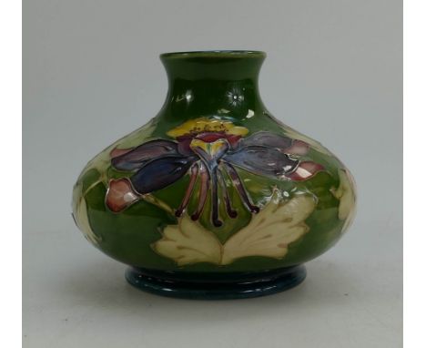 Moorcroft Columbine pattern squat vase on a light green ground height 11cm