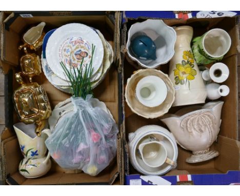 A mixed collection of items to include Sadlers gilt part tea set, large Beswick planter with palm tree decoration, ceramic fl