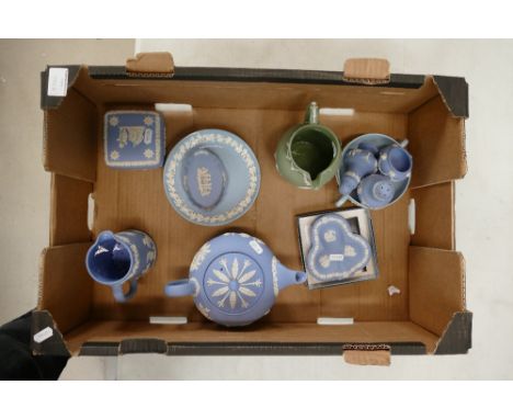 A good collection of Wedgwood jasperware items to include sage green water jug, jasperware blue teapot, trinket dish, condime