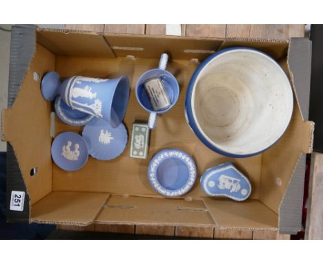 A mixed collection of Adams and Wedgwood Jasperware items to include large footed planter, vases, trinket box, etc