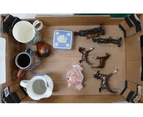 A mixed collection of items to include damaged Beswick bowls, Wade Natwest Pig, Jasperware water jug and money box, commemora