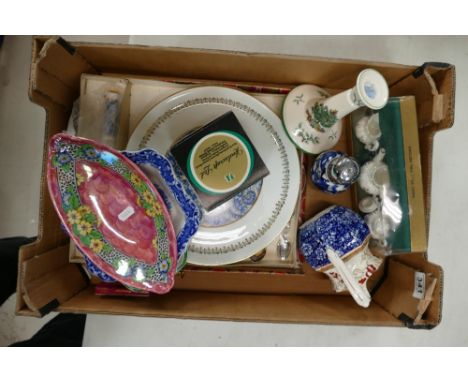 A mixed collection of items to include Maling small floral decorated pin tray, Spode christmas tree decorated candlestick and