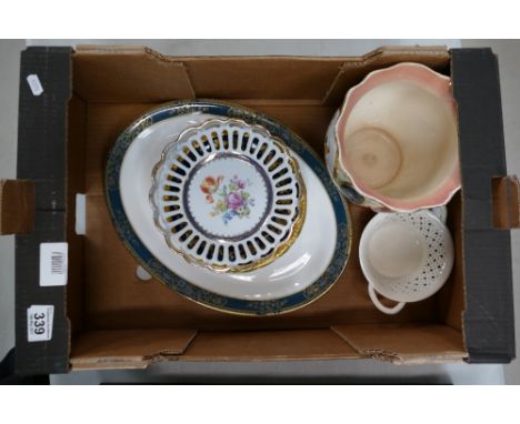 A mixed collection of items to include Goa France, Jeweled decorative wall plates, pierced Dresdon fruit basket, large contin