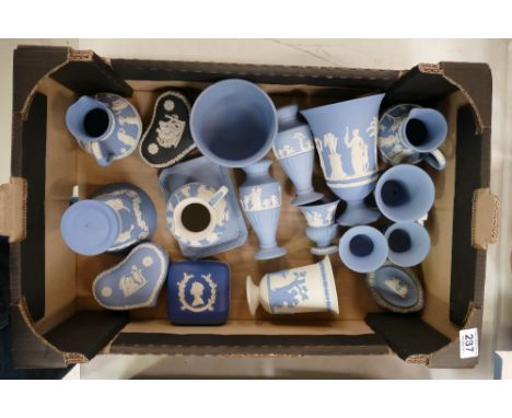 A large collection of Wedgwood Jasper ware items to include blue on white vases, white on blue planter, jugs, vases, etc