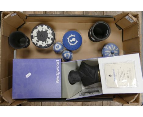 A collection of Wedgwood jasper ware items to include boxed items Eisenhower bust, trinket boxes, vases, etc. (8)