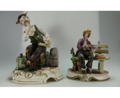 A collection of Capodimonte style figurines to include a tramp sitting by milestone and another on a bench, a piano player an