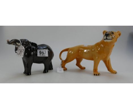 Beswick Elephant with trunk stretched 974 and Lioness 2097 (2)