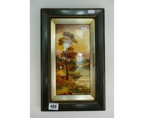 19th Century hand painted framed tile with landscape scene 27 x 44cm