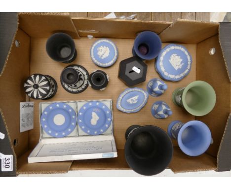 A collection of Wedgwood multi coloured jasperware items to include candlesticks, vases, sweet boxes, trinket boxes, bells, e