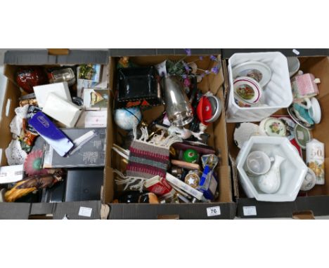 A mixed collection of household items to include ceramic plates and novelties, metalware, etc. (3 Trays)
