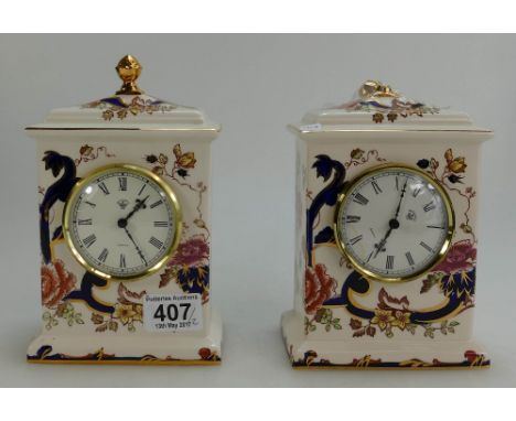 Masons mantle clock in the mandalay design together with similar damaged item (broken piece attached) height 20cm (2)