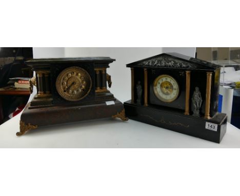 Large stone mantle clock together with decorative similar wooden clock (2)